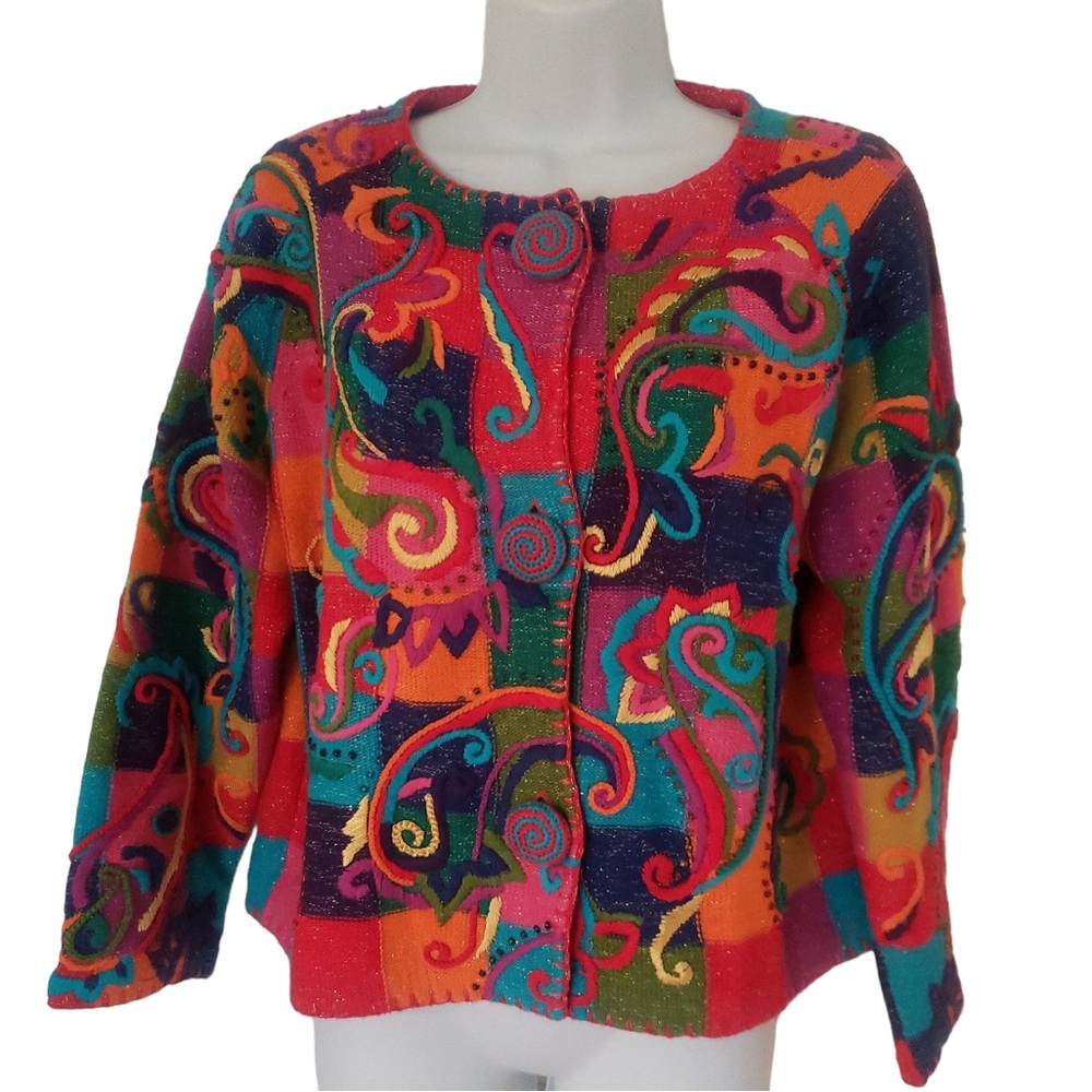 Vintage Michael Simon Checkerboard Cardigan Sweater size 1